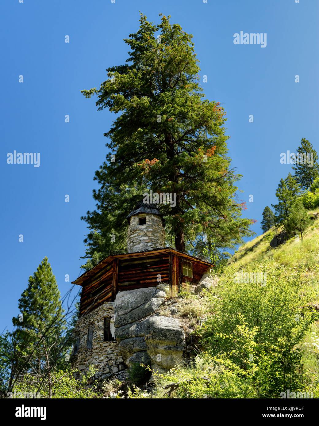 Defense turret hidden amongst the trees on the Salmon River Stock Photo