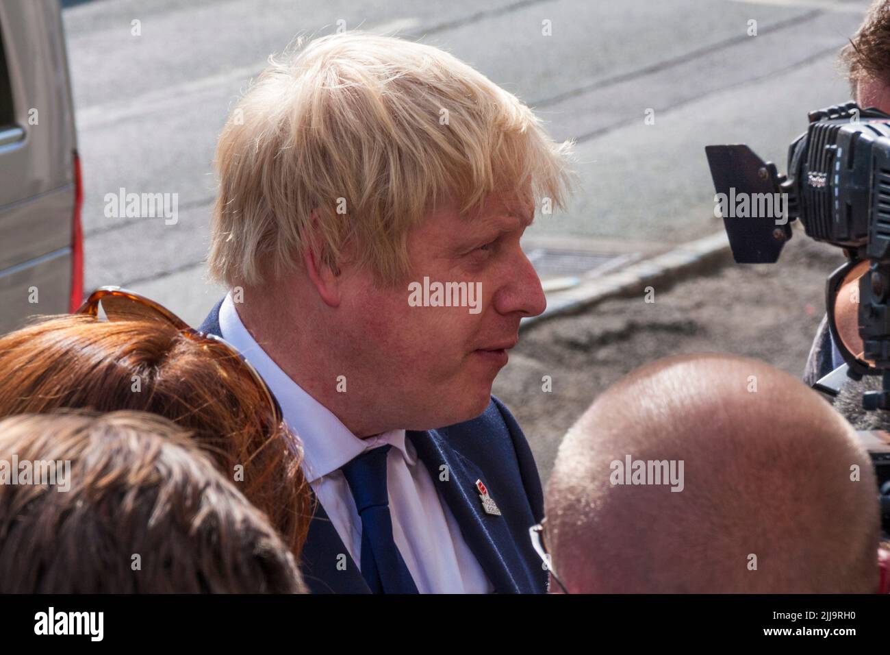 Boris Johnson interviewed outside the George Hotel,Piercebridge,Darlington on his 'Leave' campaign trail,22nd June 2016 Stock Photo