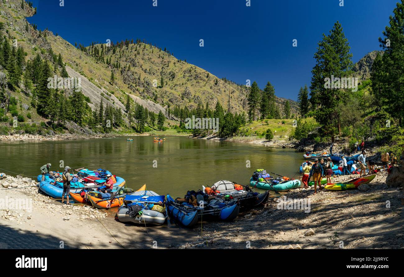 People and their rafts on the Salmon River Idaho Stock Photo