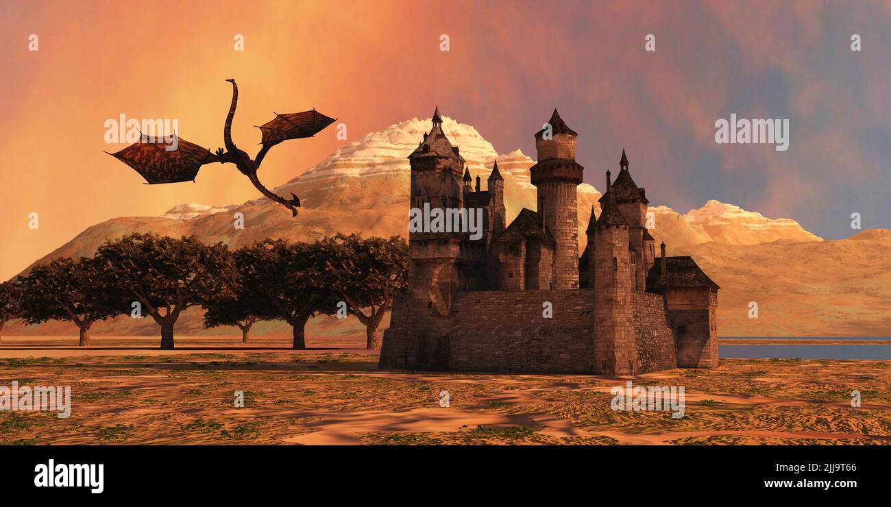 A fearsome dragon attacks a castle in medieval Europe. Stock Photo