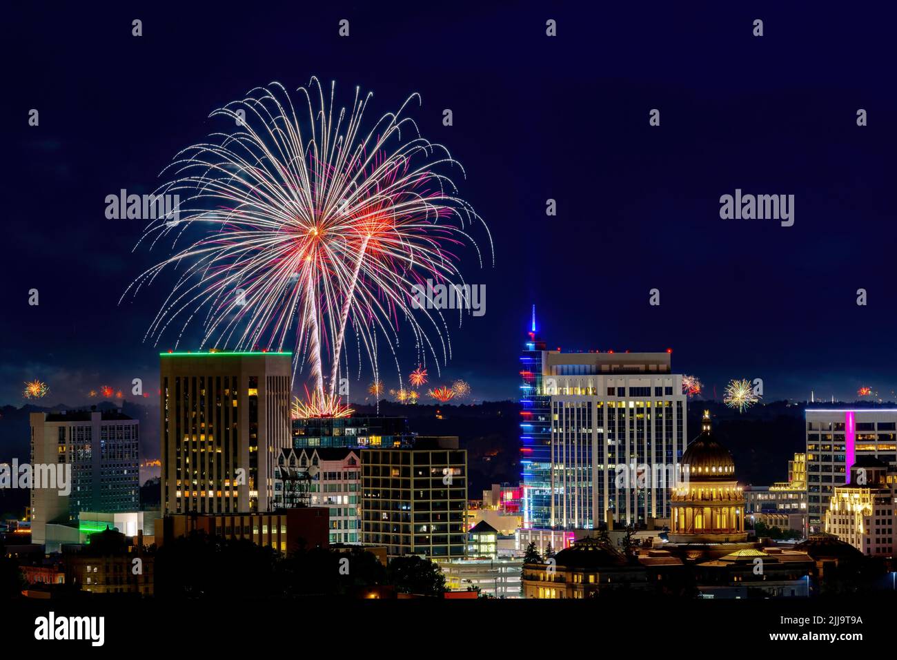 Night skyline of Boise with fourth of July fireworks Stock Photo