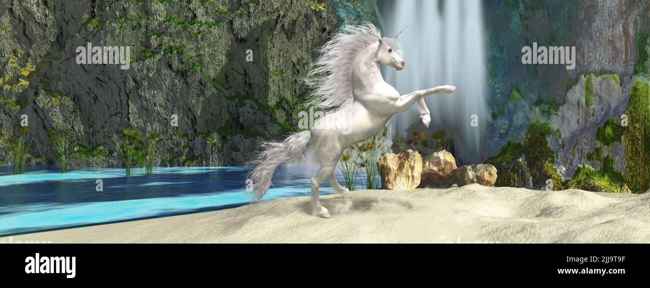 A legendary white Unicorn rears up near a beautiful waterfall. Stock Photo