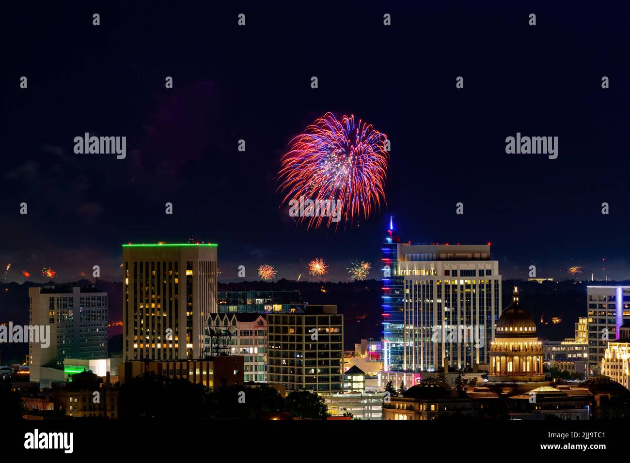 Fireworks Fourth of July and Boise night skyline Stock Photo