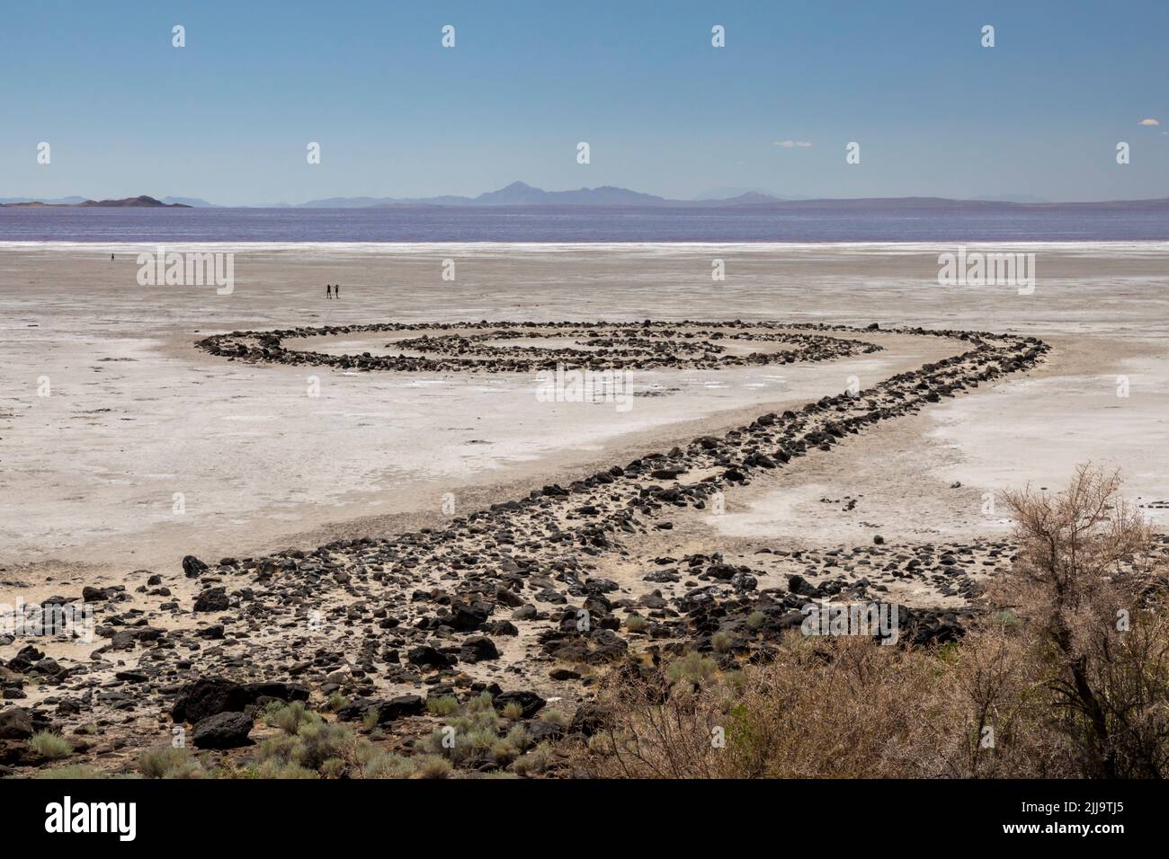 Promontory, Utah - The Spiral Jetty, an earthwork sculpture created by Robert Smithson in 1970 in Great Salt Lake. The sculpture was underwater for 30 Stock Photo