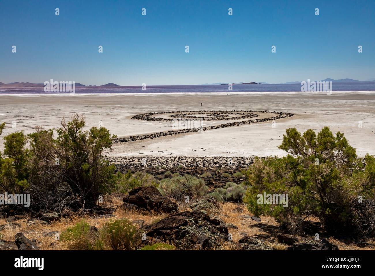 Promontory, Utah - The Spiral Jetty, an earthwork sculpture created by Robert Smithson in 1970 in Great Salt Lake. The sculpture was underwater for 30 Stock Photo