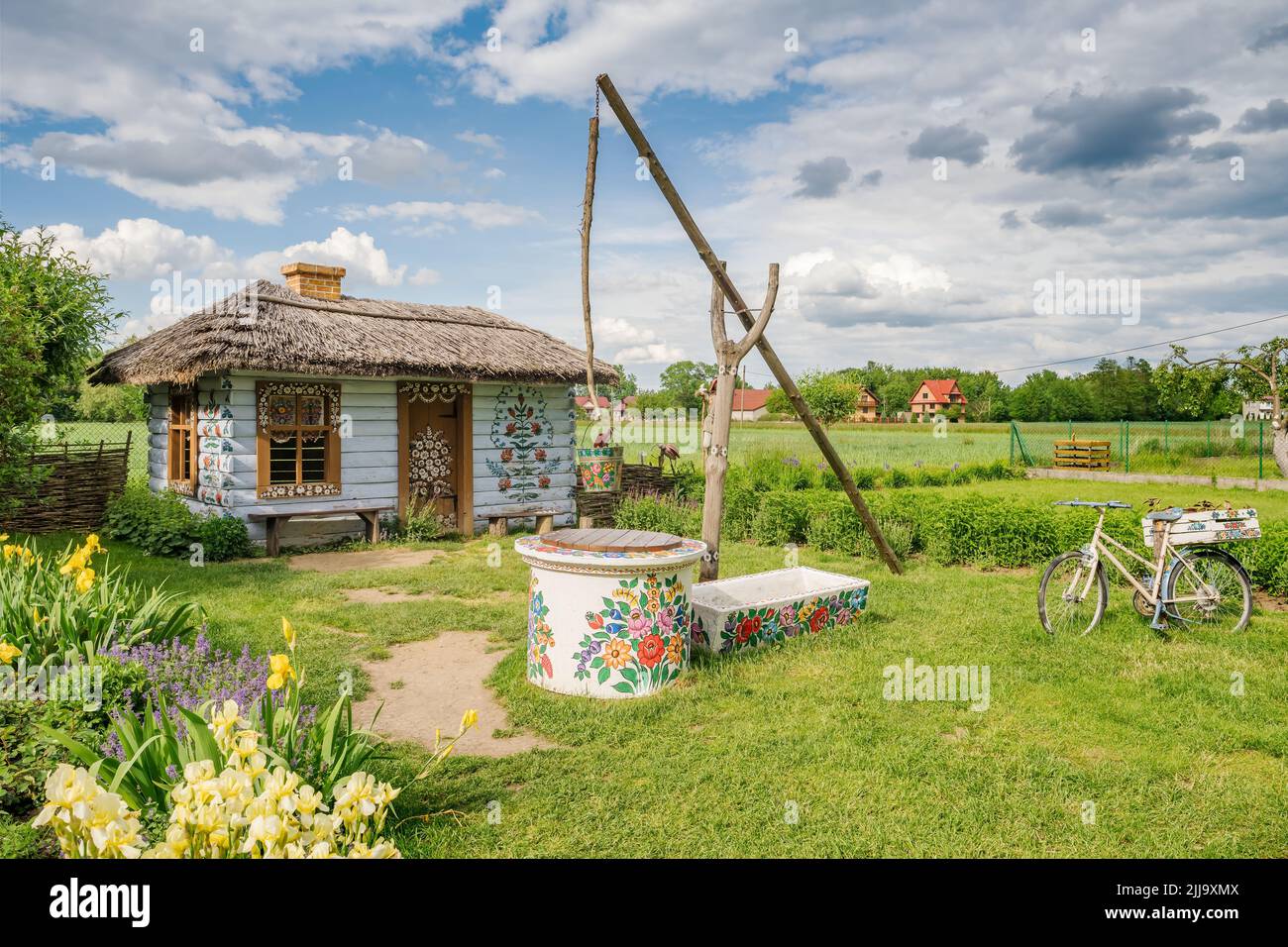 Hand decorated countryside house located in village Zalipie, Poland Stock Photo