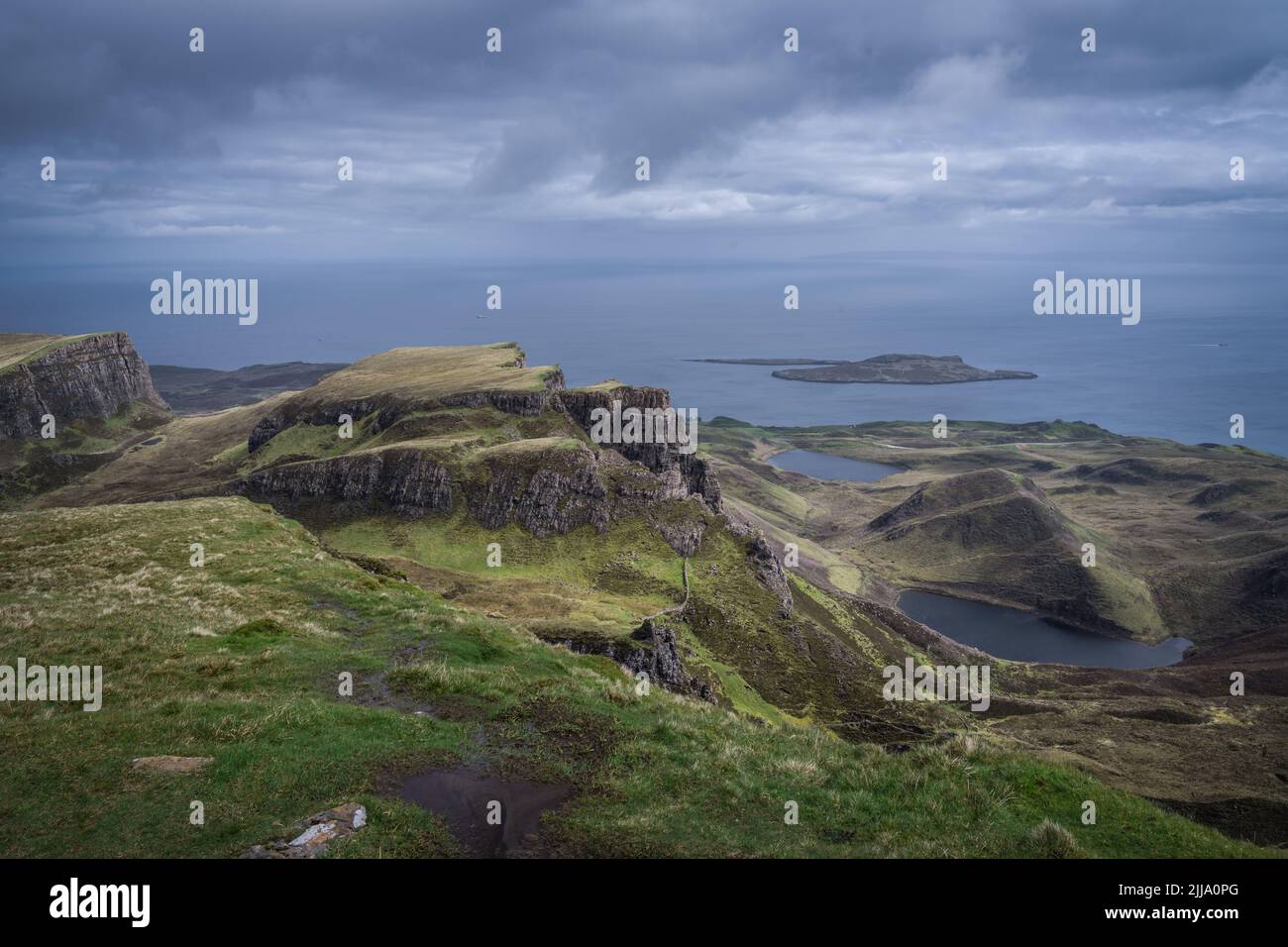The view from the Quiraing out towards Eilean Flodigarry Stock Photo