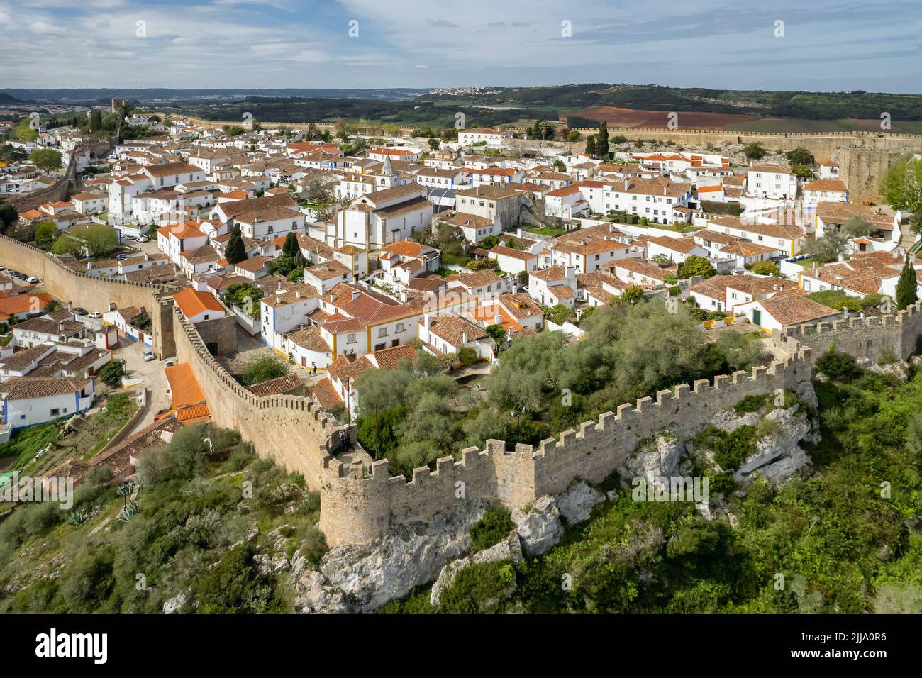 Aerial view of the historic town Obidos, near Peniche, Portugal. Stock Photo