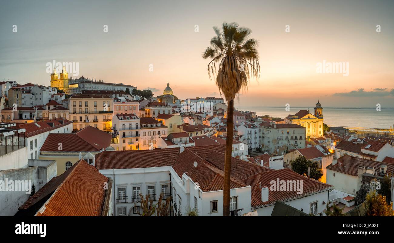 Lisbon cityscape panorama at dawn, Portugal Stock Photo