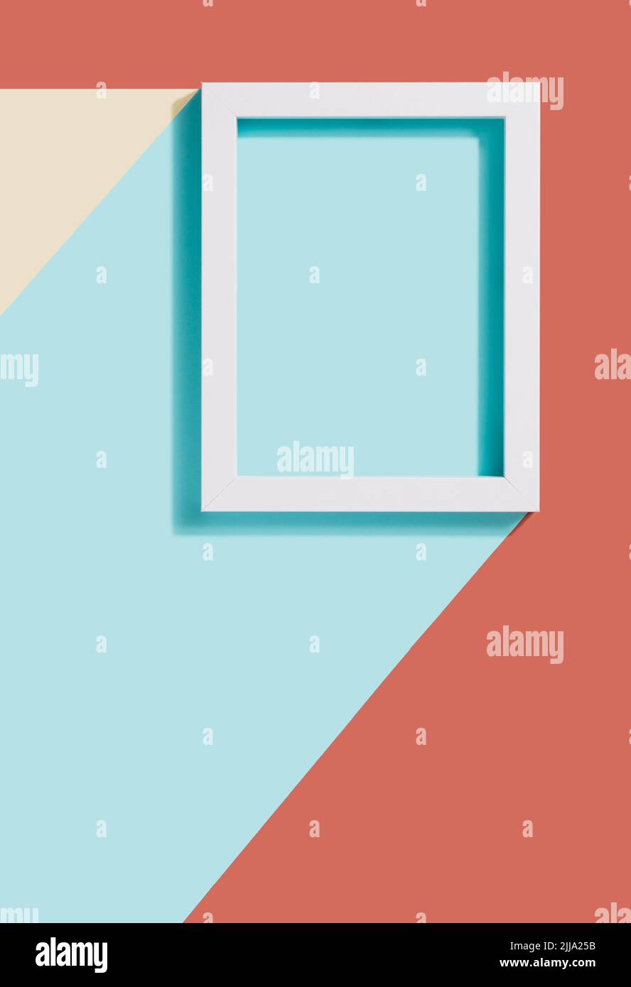 White rectangle frame on a colorful pastel background. Geometric minimal template. Stock Photo