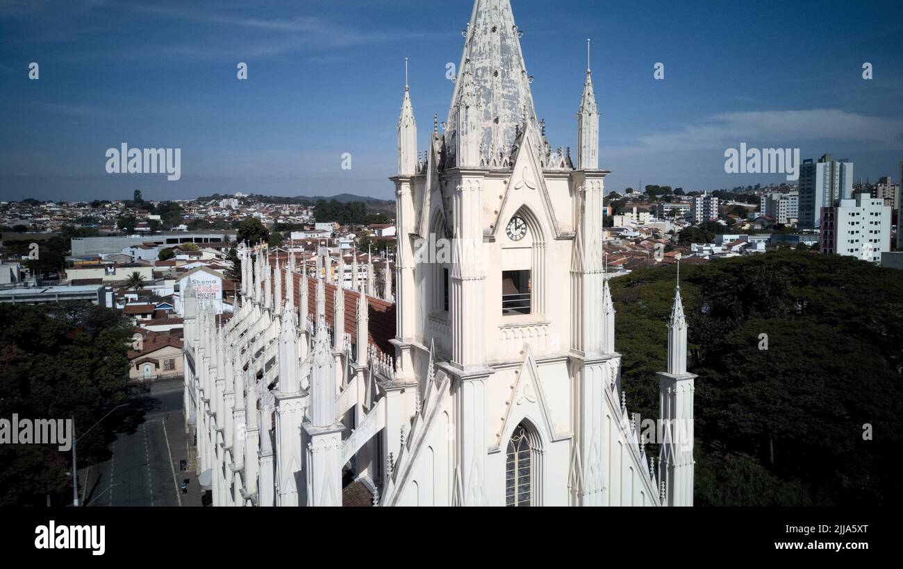 Taubate, Sao Paulo, Brazil - July 24, 2022: Aerial view of Santa Therezinha gothic church on a sunny day. Stock Photo