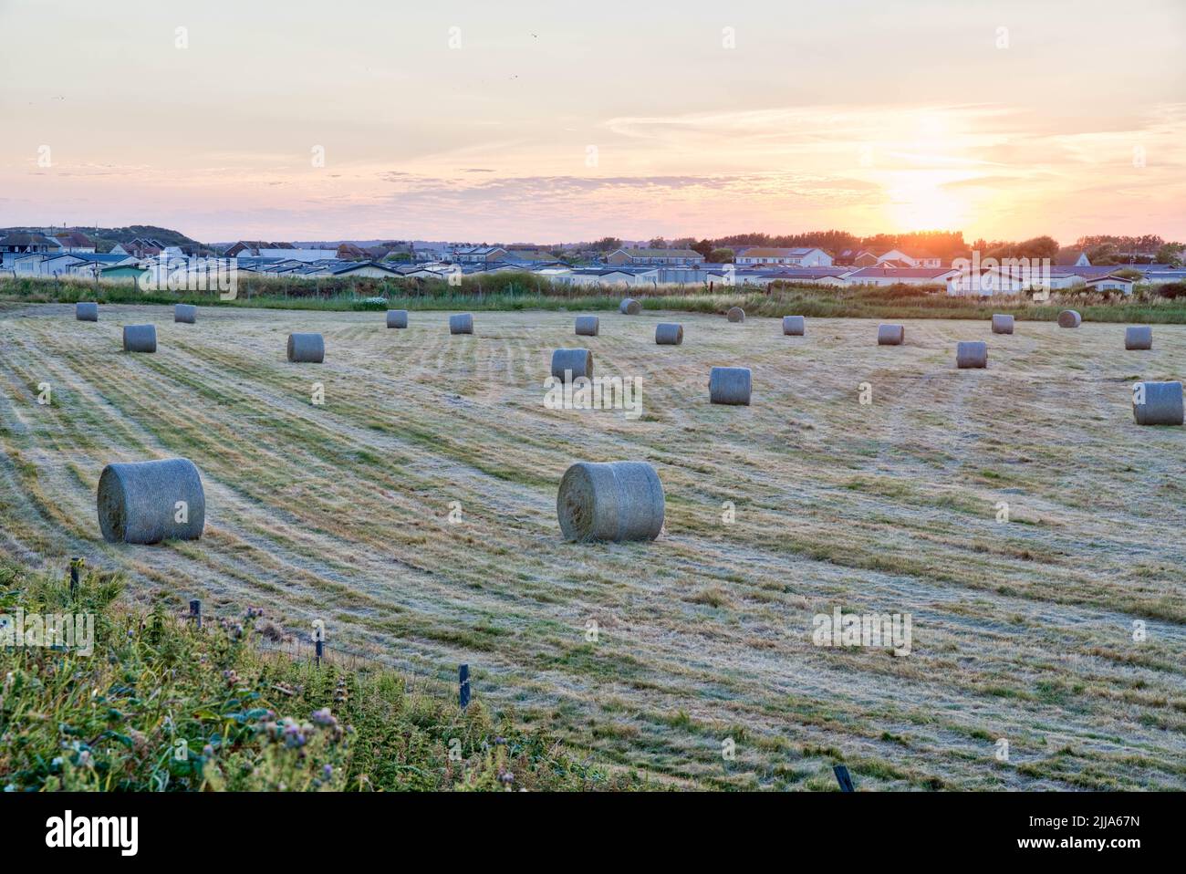 Summer sunset over farm land full of wrapped hay bales after harvest , Hastings, Kent England Stock Photo