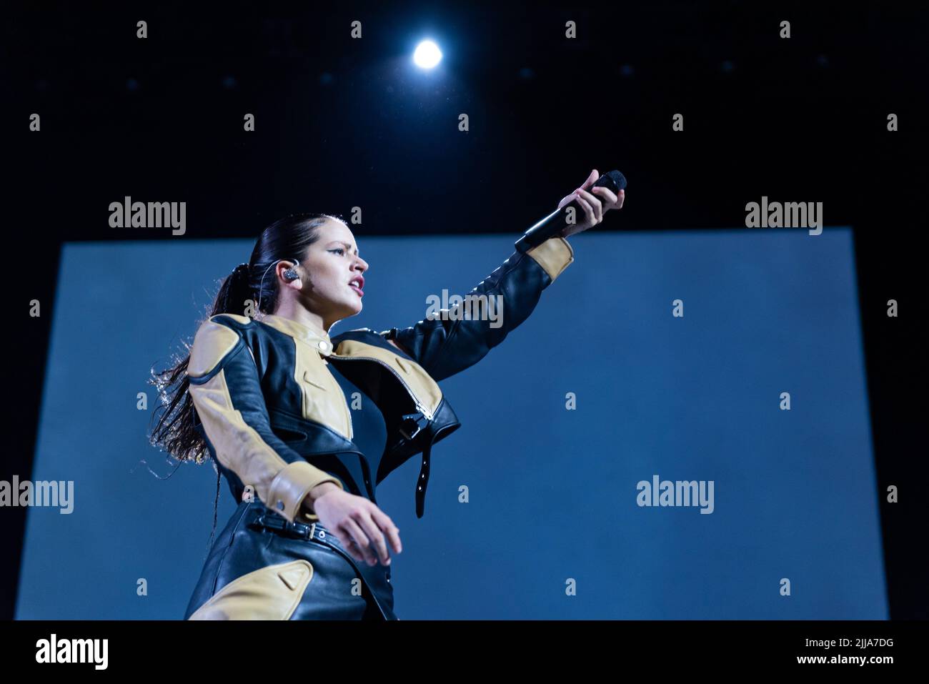 Spanish singer Rosalía is seen performing on stage during a Motomati