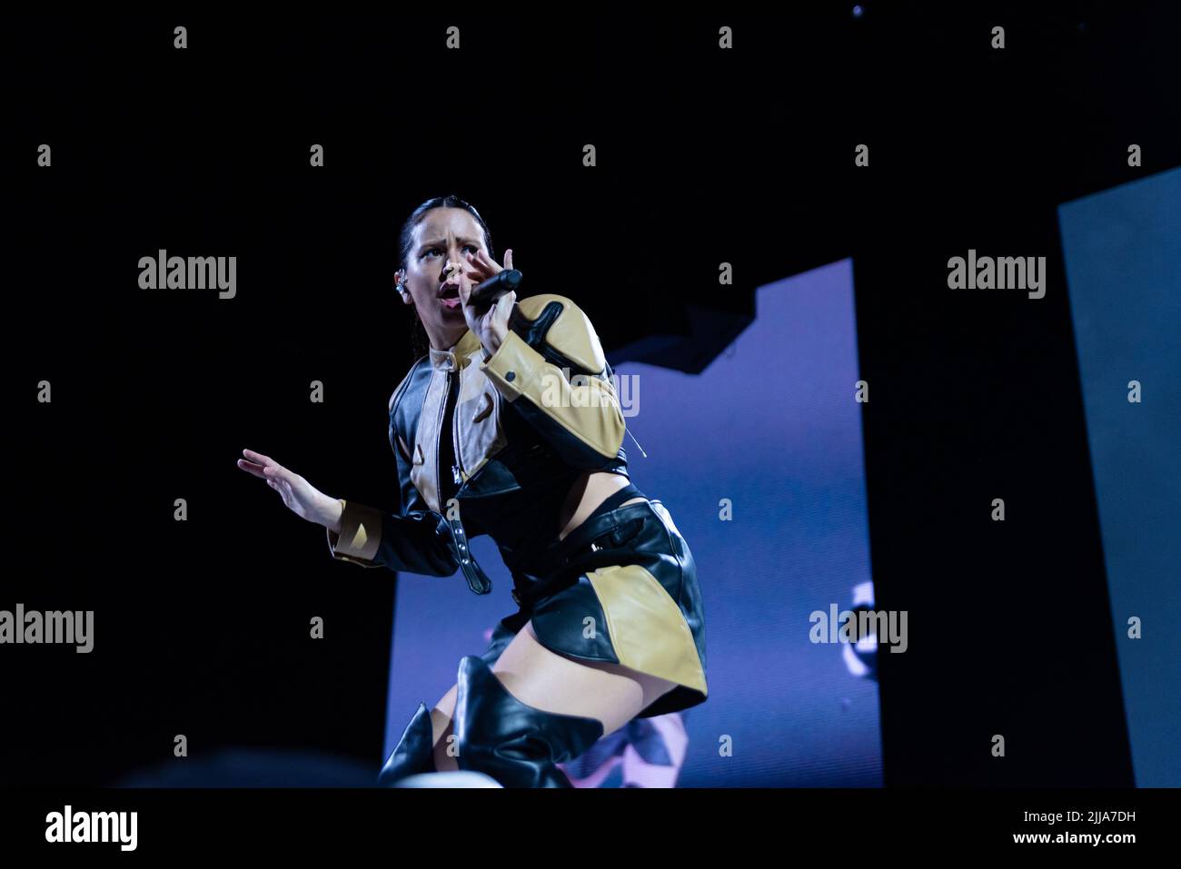 Spanish singer Rosalía is seen performing on stage during a Motomati