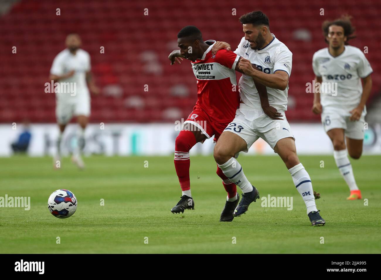 Marseille's Sead Kolasinac battles for possession with Middlesbrough's Isaiah Jones during the Pre-season Friendly match between Middlesbrough and Olympique de Marseille at the Riverside Stadium, Middlesbrough on Saturday 23rd July 2022. (Credit: Mark Fletcher | MI News) Credit: MI News & Sport /Alamy Live News Stock Photo