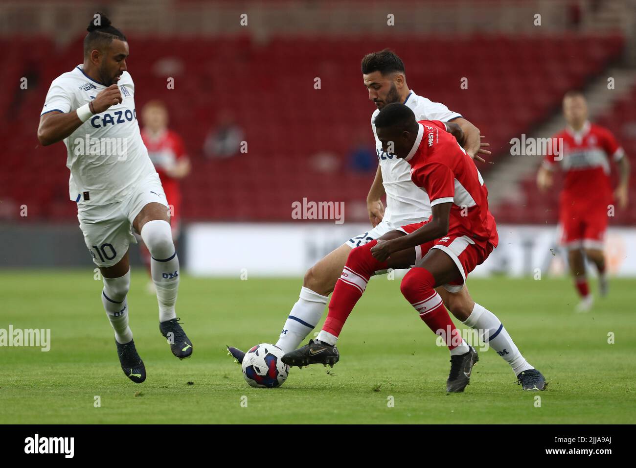 Marseille's Sead Kolasinac battles for possession with Middlesbrough's Isaiah Jones during the Pre-season Friendly match between Middlesbrough and Olympique de Marseille at the Riverside Stadium, Middlesbrough on Saturday 23rd July 2022. (Credit: Mark Fletcher | MI News) Credit: MI News & Sport /Alamy Live News Stock Photo