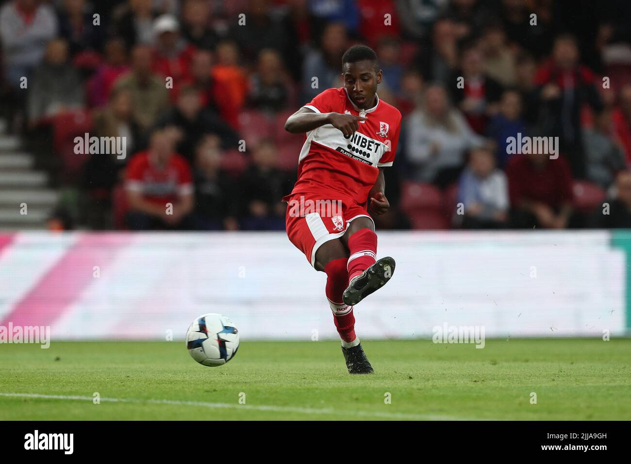 Isaiah Jones of Middlesbrough scores their first goal during the Pre-season Friendly match between Middlesbrough and Olympique de Marseille at the Riverside Stadium, Middlesbrough on Saturday 23rd July 2022. (Credit: Mark Fletcher | MI News) Credit: MI News & Sport /Alamy Live News Stock Photo