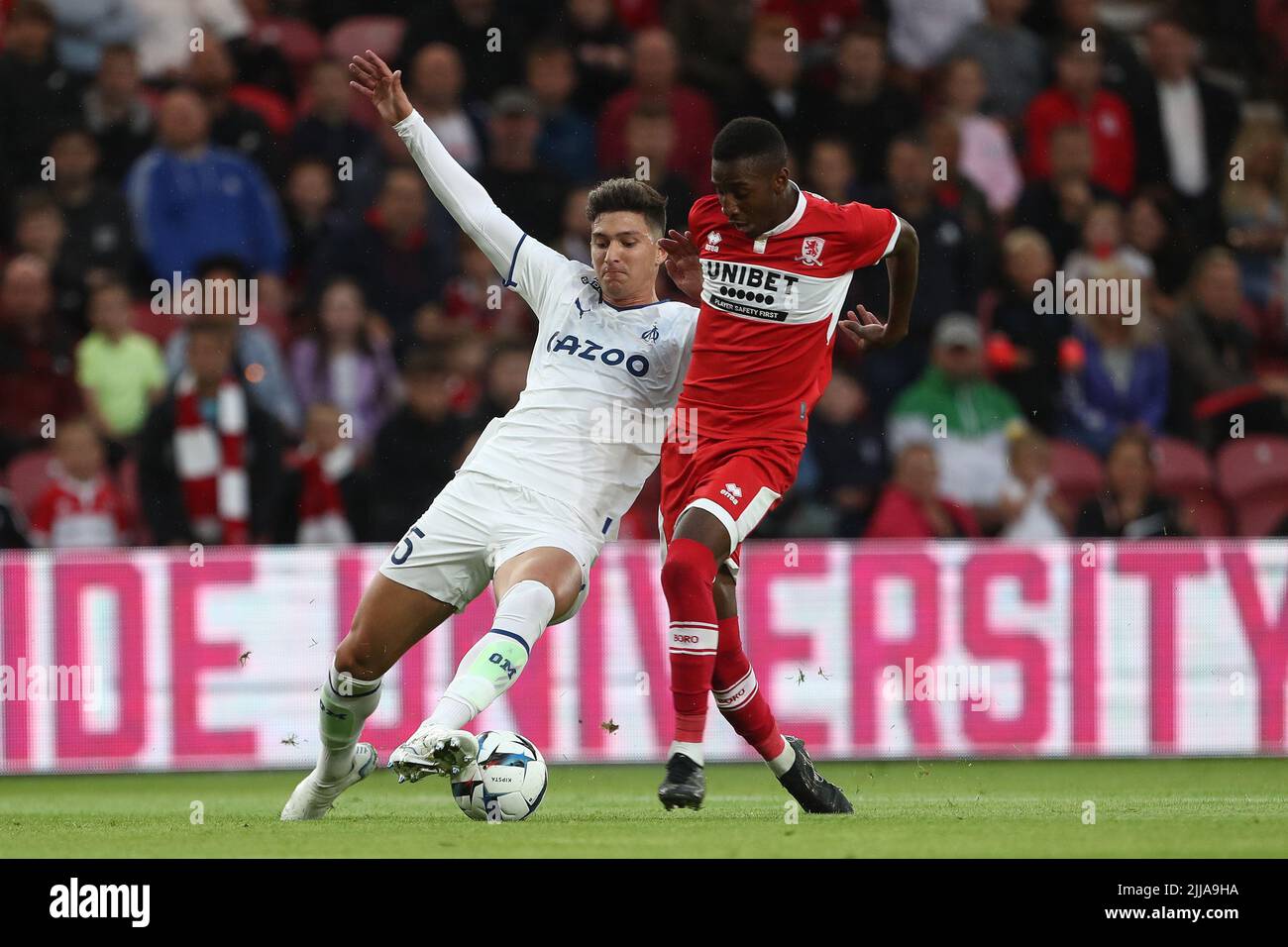 Middlesbrough's Isaiah Jones battles for possession with Duje Caleta Car of Marseille during the Pre-season Friendly match between Middlesbrough and Olympique de Marseille at the Riverside Stadium, Middlesbrough on Saturday 23rd July 2022. (Credit: Mark Fletcher | MI News) Credit: MI News & Sport /Alamy Live News Stock Photo