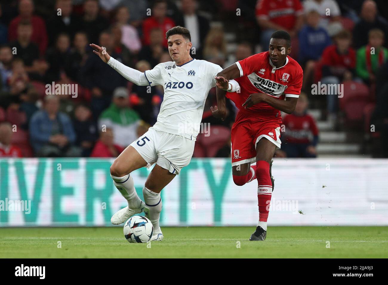 Middlesbrough's Isaiah Jones battles for possession with Duje Caleta Car of Marseille during the Pre-season Friendly match between Middlesbrough and Olympique de Marseille at the Riverside Stadium, Middlesbrough on Saturday 23rd July 2022. (Credit: Mark Fletcher | MI News) Credit: MI News & Sport /Alamy Live News Stock Photo