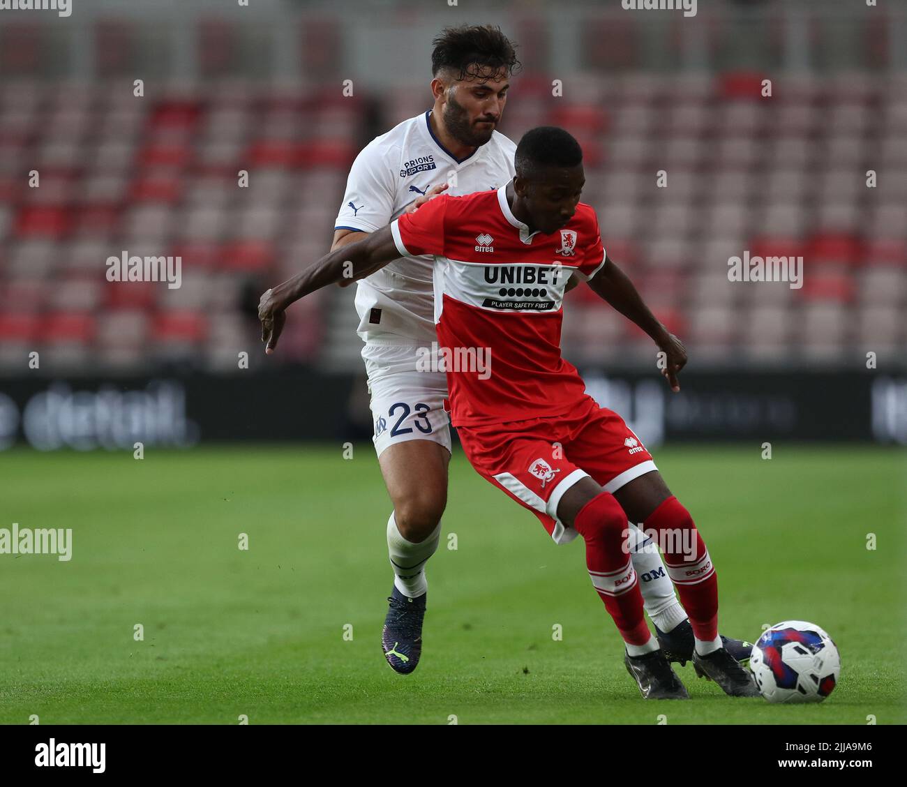 Marseille's Sead Kolasinac in action Isaiah Jones of Middlesbrough during the Pre-season Friendly match between Middlesbrough and Olympique de Marseille at the Riverside Stadium, Middlesbrough on Saturday 23rd July 2022. (Credit: Mark Fletcher | MI News) Credit: MI News & Sport /Alamy Live News Stock Photo