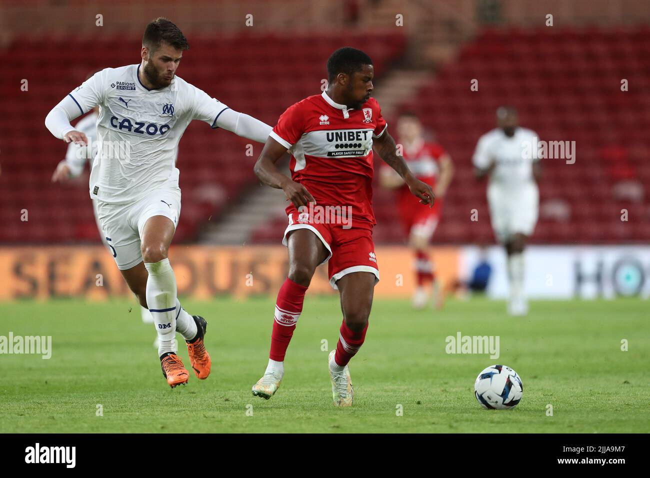 Marseille's Duje Caleta Car in action with Chuba Akpom during the Pre-season Friendly match between Middlesbrough and Olympique de Marseille at the Riverside Stadium, Middlesbrough on Saturday 23rd July 2022. (Credit: Mark Fletcher | MI News) Credit: MI News & Sport /Alamy Live News Stock Photo