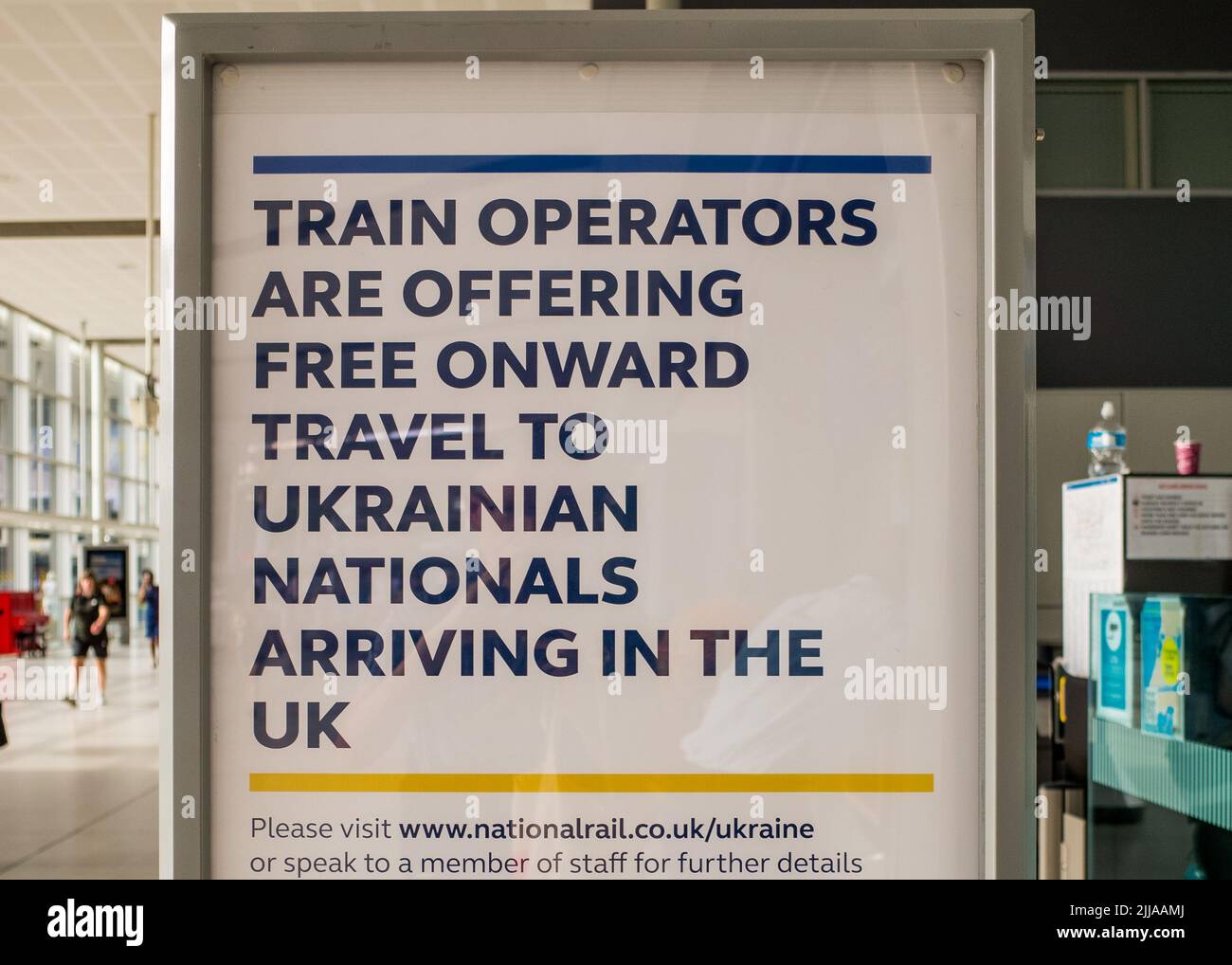 Free Onward Travel to Ukrainian International arriving in the UK - Sign at Stratford International train station, London, England, UK. Stock Photo
