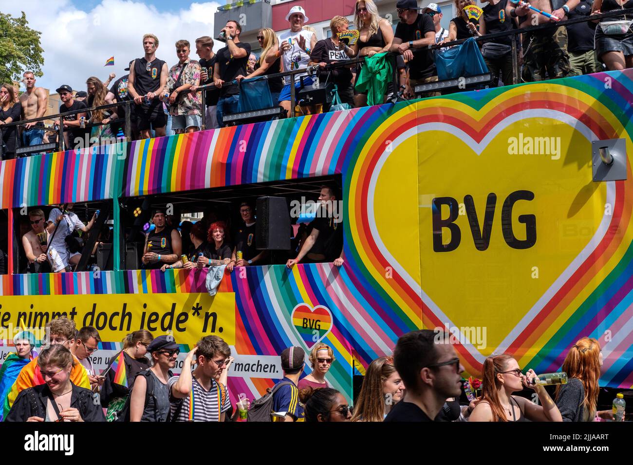 BERLIN, GERMANY - JULY 23, 2022: The Berlin public transport operator BVG's float at the Pride parade (CSD) in Berlin, Germany on July 23, 2022. Stock Photo