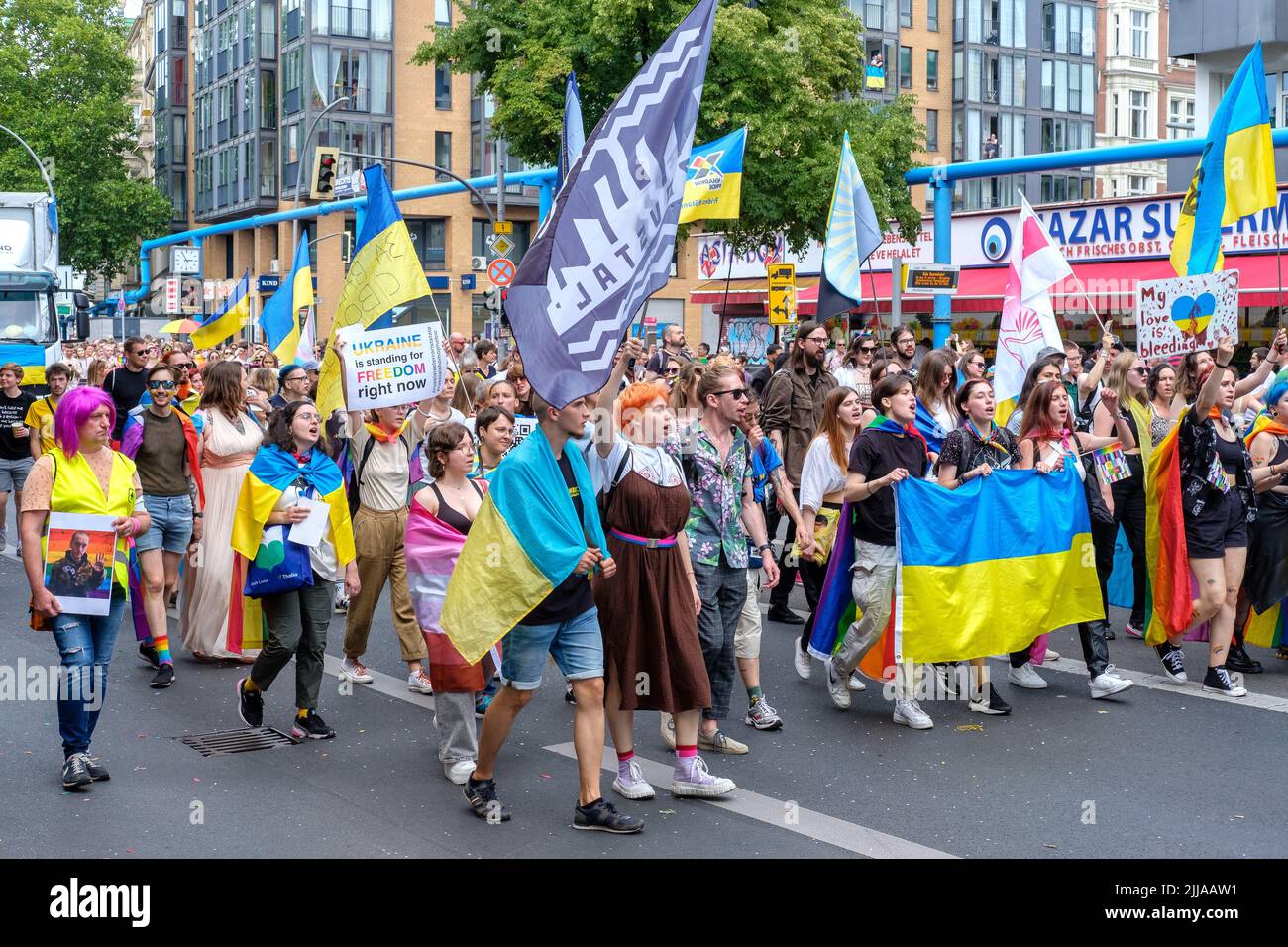 BERLIN, GERMANY - JULY 23, 2022: Ukrainian float at the Pride parade (CSD) in Berlin, Germany on July 23, 2022. Stock Photo