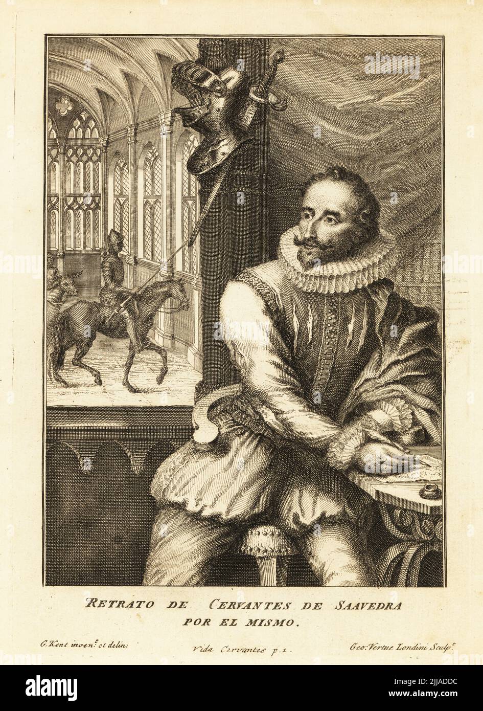 Portrait of novelist Miguel Cervantes de Saavedra, 1547-1616. Man with Van Dyke beard in ruff collar, doublet, breeches, hose, sitting in a library, writing with quill pen on paper. Behind him a helmet and sword, and a knight on horseback with lance riding in a vaulted interior. Copperplate engraving by George Vertue after a portrait by William Kent (G. Kent in error) from The Life and Exploits of the ingenious gentleman Don Quixote de La Mancha, translated from the original Spanish of Miguel Cervantes by Charles Jarvis, J and R Tonson, London, 1738. Stock Photo