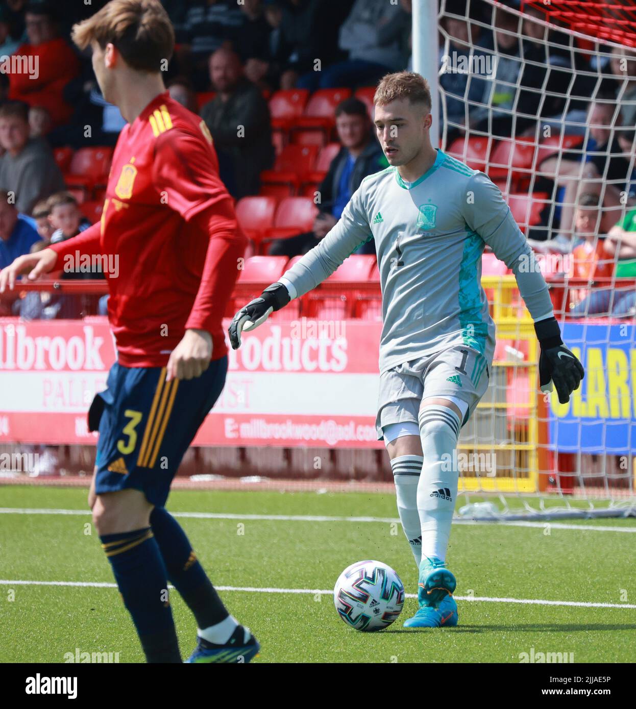 Inver Park, Larne, County Antrim, Northern Ireland, UK. 03 June 2022. UEFA 2023 Under21 Championship Qualifier - Group C - Northern Ireland 0 Spain 6. Spain international U21 player Arnau Tenas Spain (1) Stock Photo