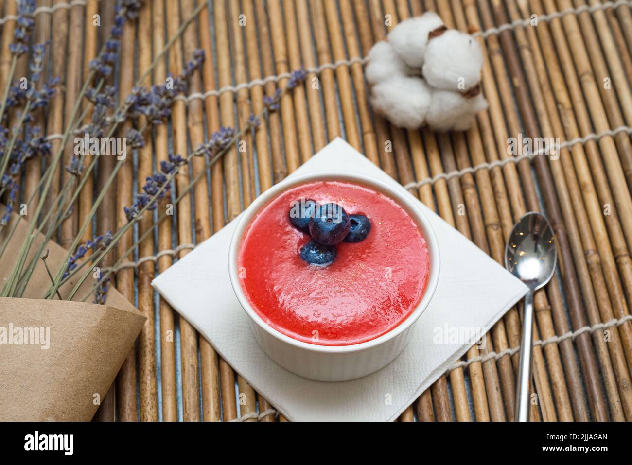 Panna cotta with raspberry coulis. The dessert is garnished with blueberries. A portion for one