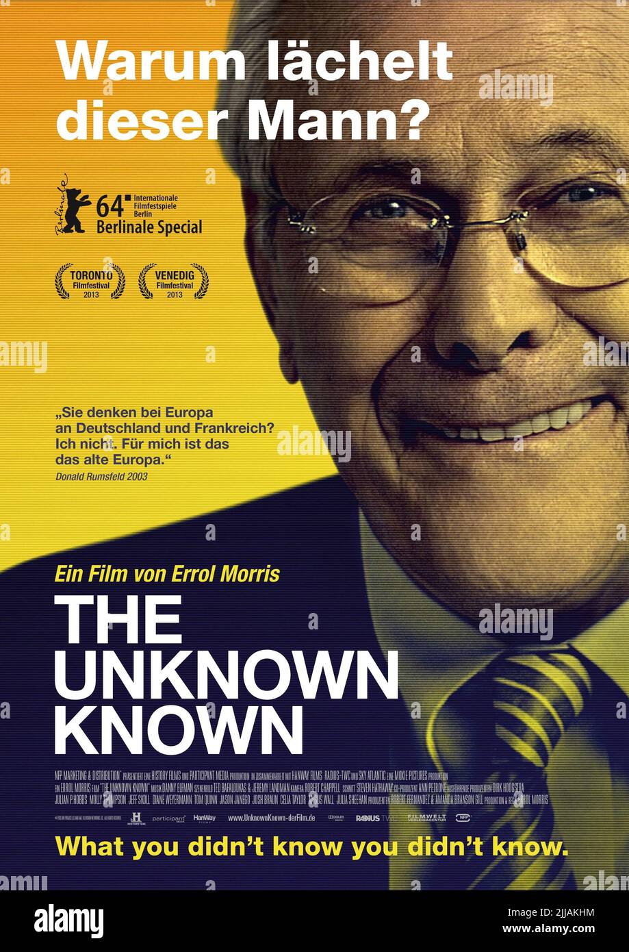 DONALD RUMSFELD GERMAN POSTER, THE UNKNOWN KNOWN, 2013 Stock Photo