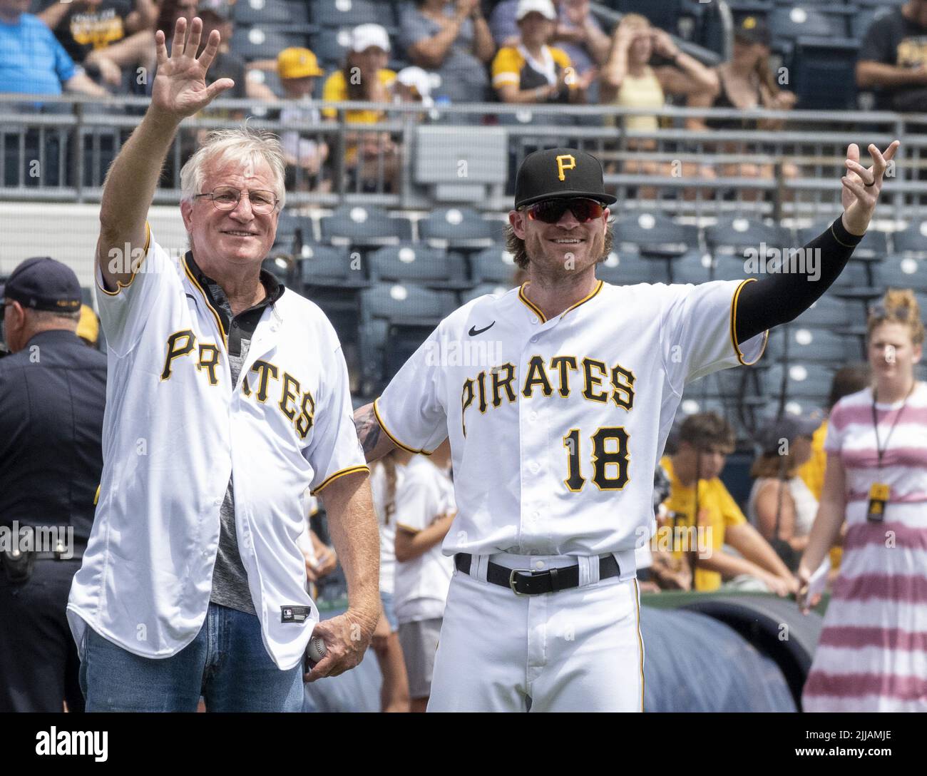 Pittsburgh, United States. 24th July, 2022. Pittsburgh Pirates left fielder Ben Gamel (18) waves to his family following the Father and Son first pitch before the start of the Pittsburgh Pirates and Miami Marlins game at PNC Park on Sunday July 24, 2022 in Pittsburgh. Photo by Archie Carpenter/UPI Credit: UPI/Alamy Live News Stock Photo