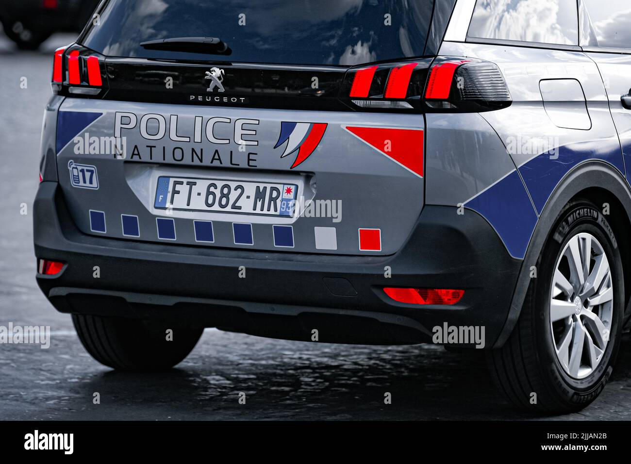 A police car (the new Peugeot 5008) drives through the city ensuring security in Paris, France on July 24, 2022. French national police in action. Photo by Victor Joly/ABACAPRESS.COM Stock Photo