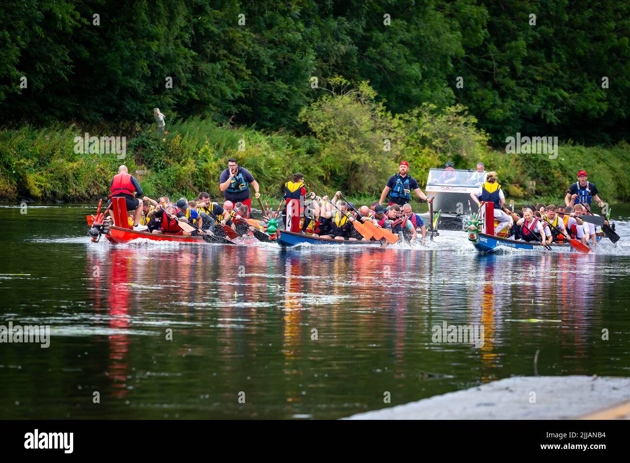 Three Dragon Boats racing along the River Mersey in the final competition of the day with safety boat behind them Stock Photo