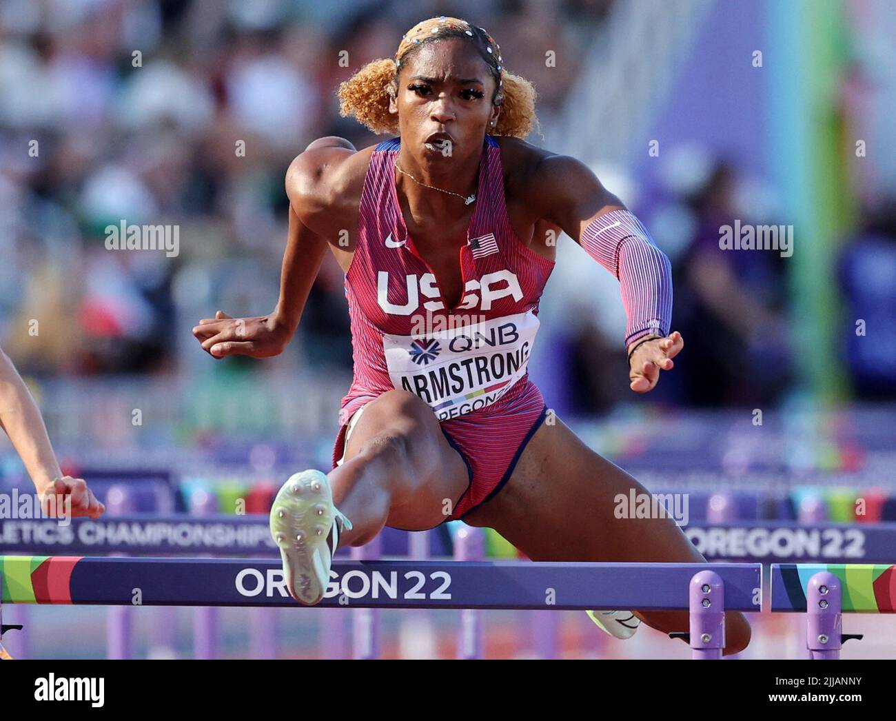 Athletics - World Athletics Championships - Women's 100 Metres Hurdles - Semi Final - Hayward Field, Eugene, Oregon, U.S. - July 24, 2022 Alia Armstrong of the U.S. in action during her semi final REUTERS/Lucy Nicholson Stock Photo