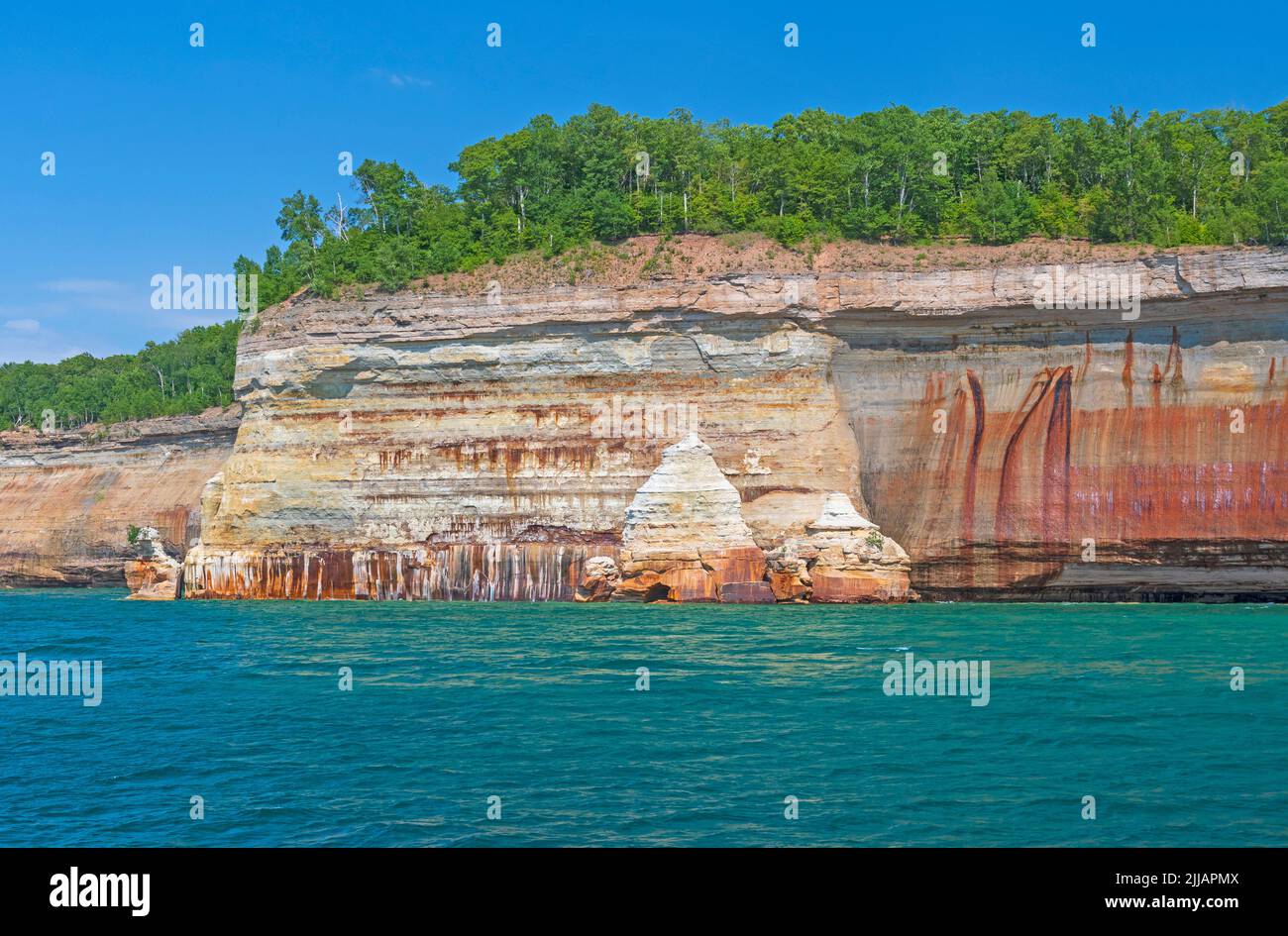 Colorful Cliffs on the Great Lakes in Pictured Rocks National Lakeshore in Michigan Stock Photo
