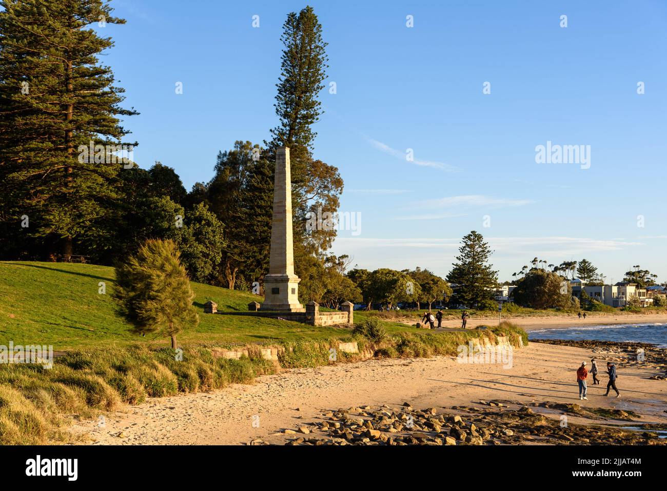 The obelisk marking Captain Cook's Landing Place in Botany Bay, New South Wales Stock Photo