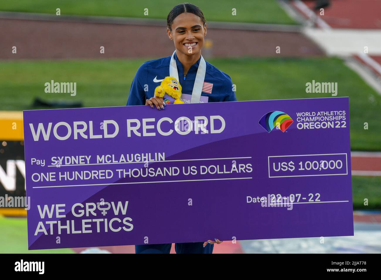 Sydney McLaughlin gold medalist on 400 meter hurdles in a new world record during the World