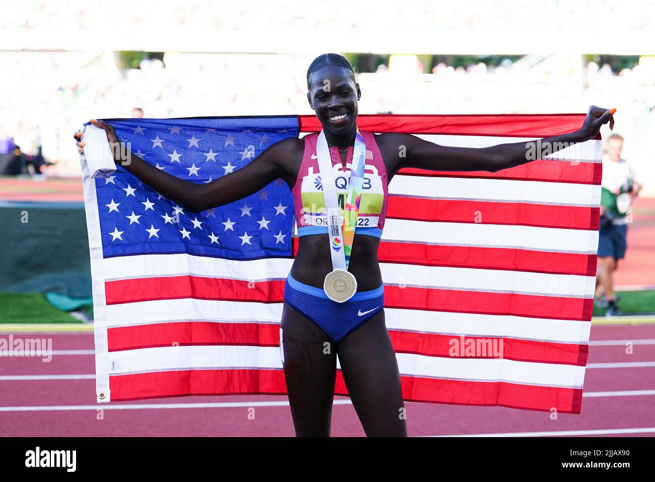 USA’s Athing Mu celebrates following the Women’s 800m Final on day ten