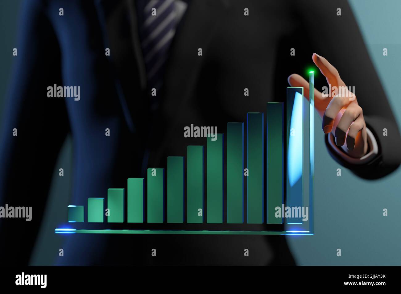 3D Illustration. 3D Rendering Business man holding holographic graphs and stock market statistics gain profits. Concept of growth planning and busines Stock Photo