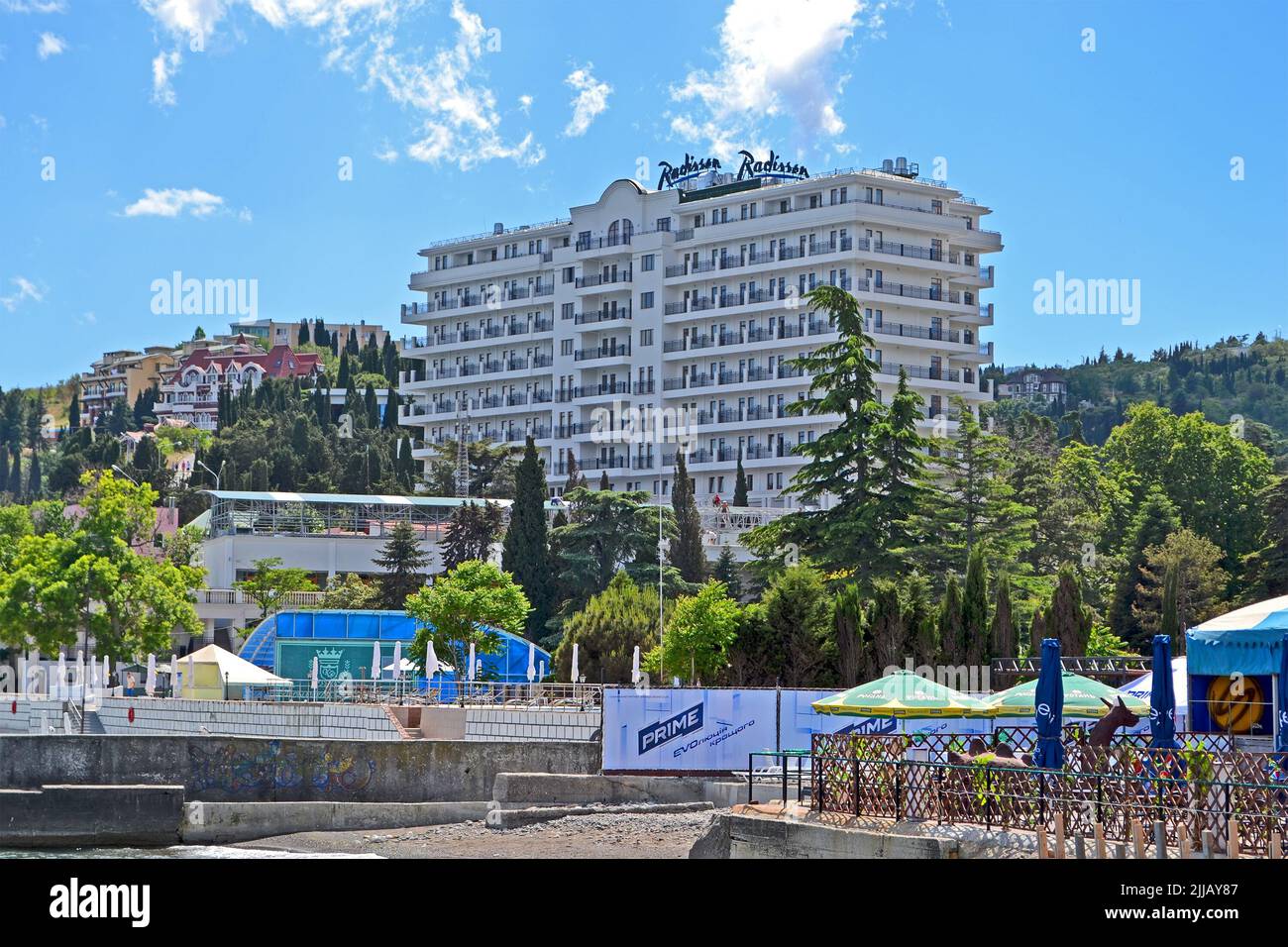 ALUSHTA, CRIMEA, UKRAINE : newly constructed Radisson Blue Hotel aka Riviera Sunrise Resort Spa Alushta near Black Sea in Alushta, Ukraine. Stock Photo