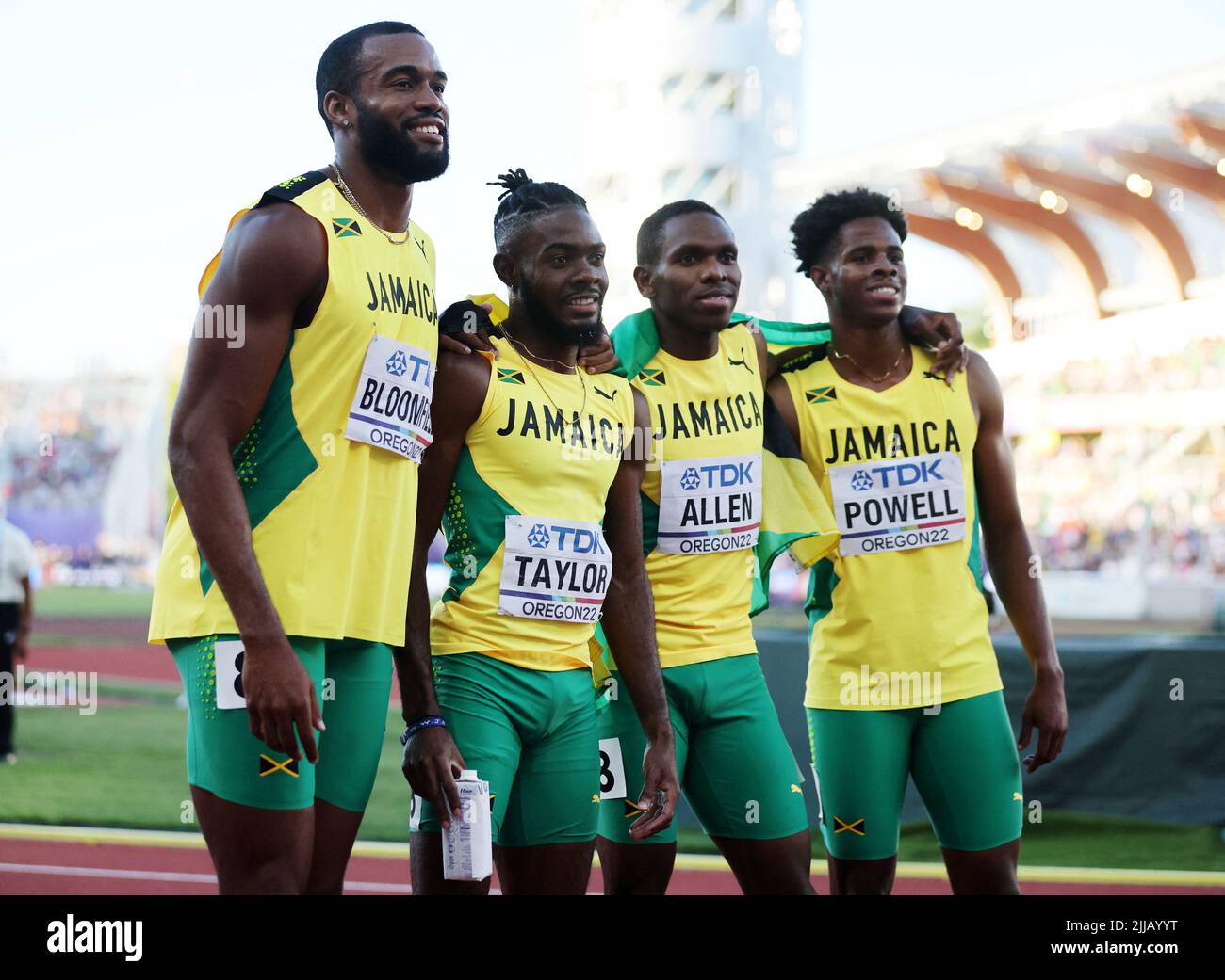 Athletics - World Athletics Championships - Men's 4x400 Metres Relay - Final - Hayward Field, Eugene, Oregon, U.S. - July 24, 2022 Jamaica's Akeem Bloomfield, Christopher Taylor, Nathon Allen and Jevaughn Powell pose after finishing the men's 4x400 metres final in second place REUTERS/Lucy Nicholson Stock Photo