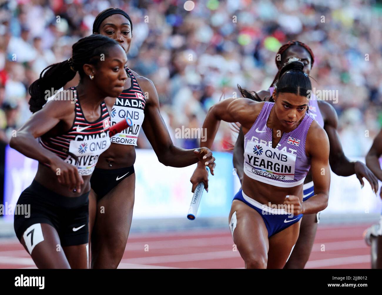 Athletics - World Athletics Championships - Women's 4x400 Metres Relay - Final - Hayward Field, Eugene, Oregon, U.S. - July 24, 2022 Britain's Nicole Yeargin in action during the women's 4x400 metres final REUTERS/Lucy Nicholson Stock Photo