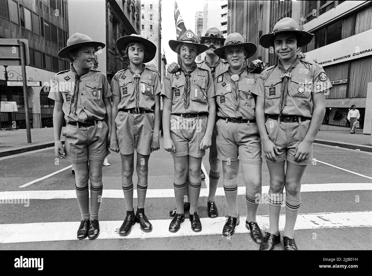 Boy Scouts and scout master attending the annual Anzac Day march in Sydney, April 25 1980 Stock Photo
