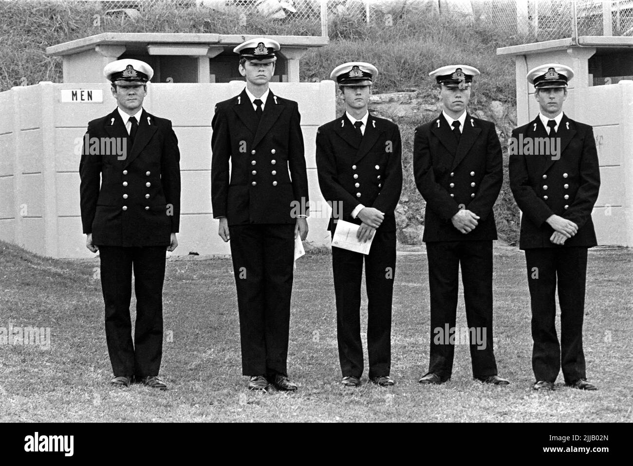 Young officer naval cadets from the Royal Australian Navy training establishment HMAS Creswell at Jervis Bay, attending an Anzac Day service at Huskisson, NSW. in 1981 Stock Photo