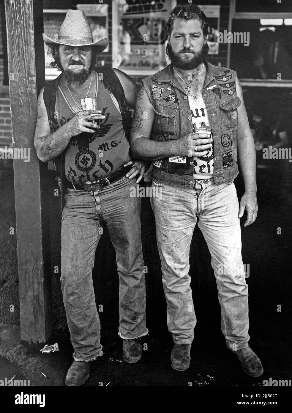 Bikers of the Fourth Reich Motor Cycle Club wearing Nazi insignia at the Steam Packet Hotel, in Tamworth during the Tamworth Country Music Festival in 1986 Stock Photo