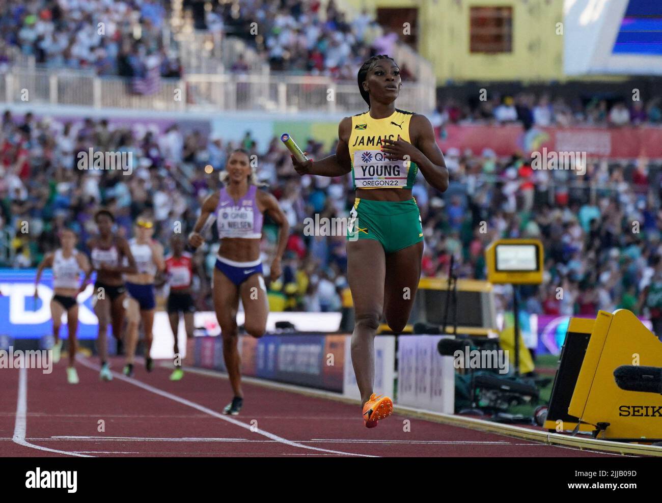 Athletics - World Athletics Championships - Women's 4x400 Metres Relay - Final - Hayward Field, Eugene, Oregon, U.S. - July 24, 2022 Jamaica's Charokee Young finishes the women's 4x400 metres final in second place REUTERS/Lucy Nicholson Stock Photo
