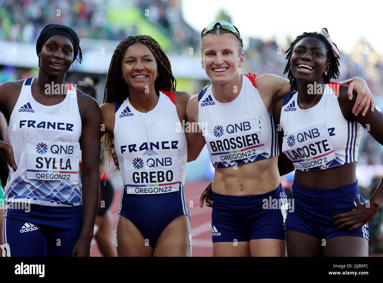 Athletics - World Athletics Championships - Women's 4x400 Metres Relay - Final - Hayward Field, Eugene, Oregon, U.S. - July 24, 2022 France's Sounkamba Sylla, Shana Grebo, Amandine Brossier and Sokhna Lacoste pose after finishing the women's 4x400 metres final in fifth place REUTERS/Lucy Nicholson Stock Photo