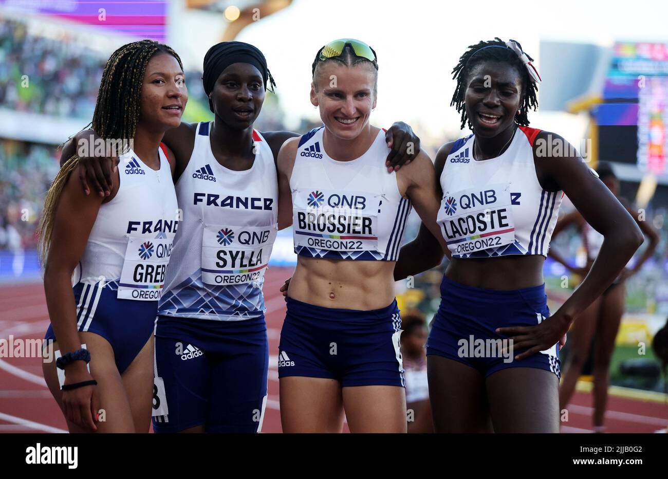 Athletics - World Athletics Championships - Women's 4x400 Metres Relay - Final - Hayward Field, Eugene, Oregon, U.S. - July 24, 2022 France's Sounkamba Sylla, Shana Grebo, Amandine Brossier and Sokhna Lacoste pose after finishing the women's 4x400 metres final in fifth place REUTERS/Lucy Nicholson Stock Photo